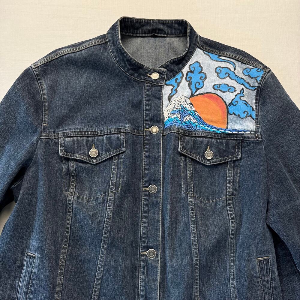 Upcycled Cotton Denim Jacket Women's Size XL Medium Wash Blue Art To Wear Sunset - Picture 3 of 11